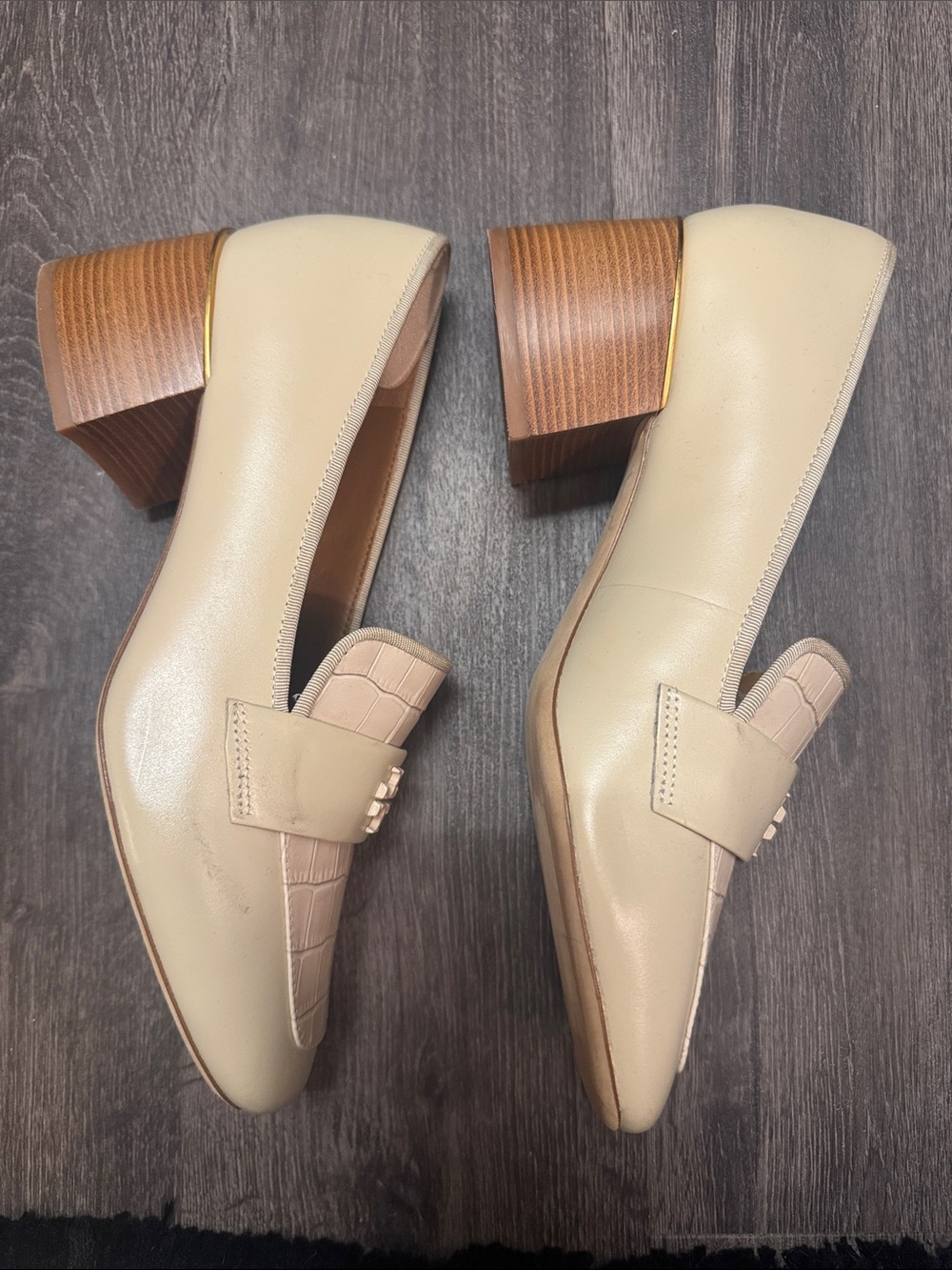 Tory Burch Cream Croc Embossed Block Heel Loafers Size 9 - Picture 3 of 5